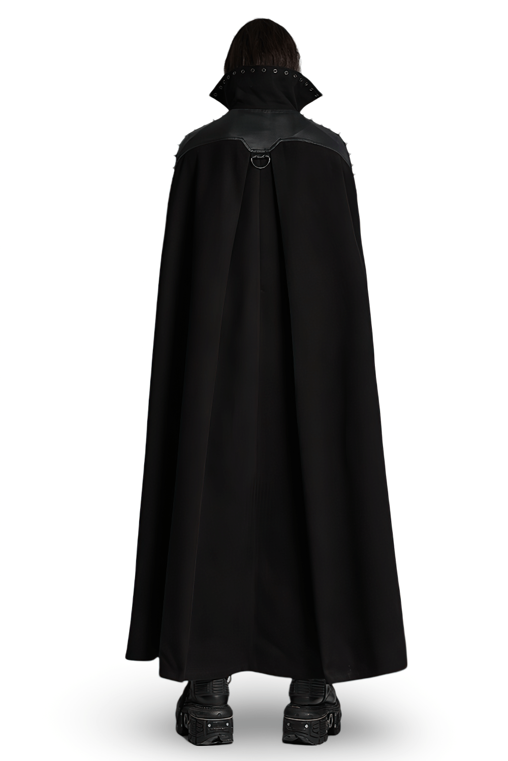 Back view of Gothic Black Woolen Cape with Buckle Accents for Men, showcasing dramatic silhouette and stand collar.