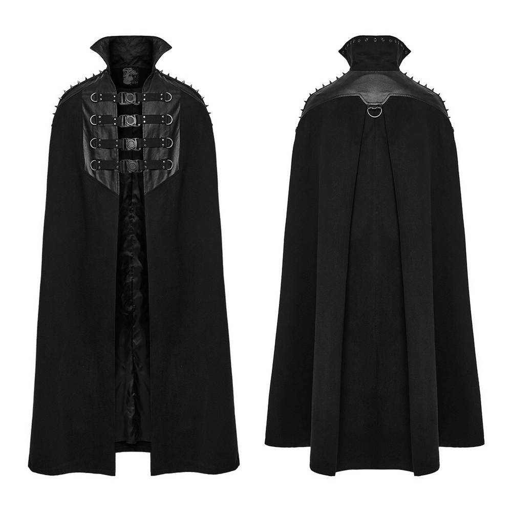 Gothic black woolen cape for men with stand collar and bold buckle accents, featuring a dramatic hem silhouette.