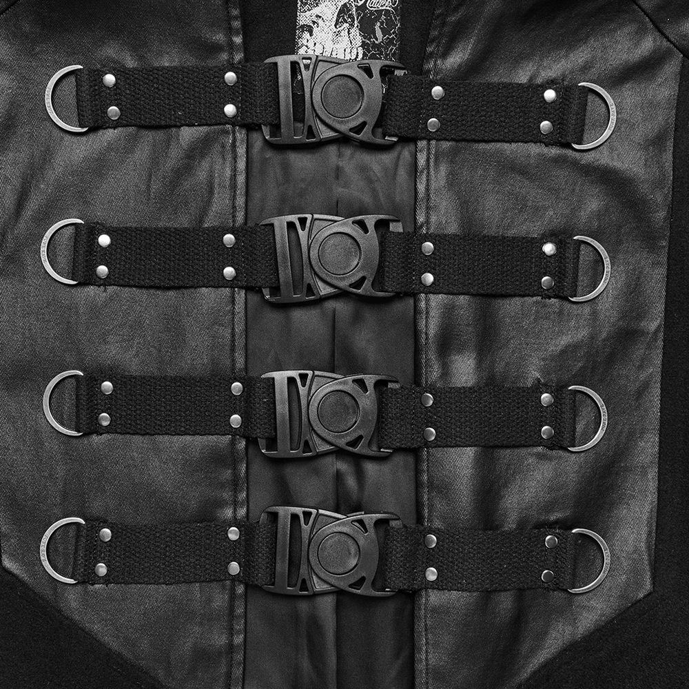 Close-up of bold D-shaped buckles on a gothic black woolen cape for men, showcasing punk style and craftsmanship.