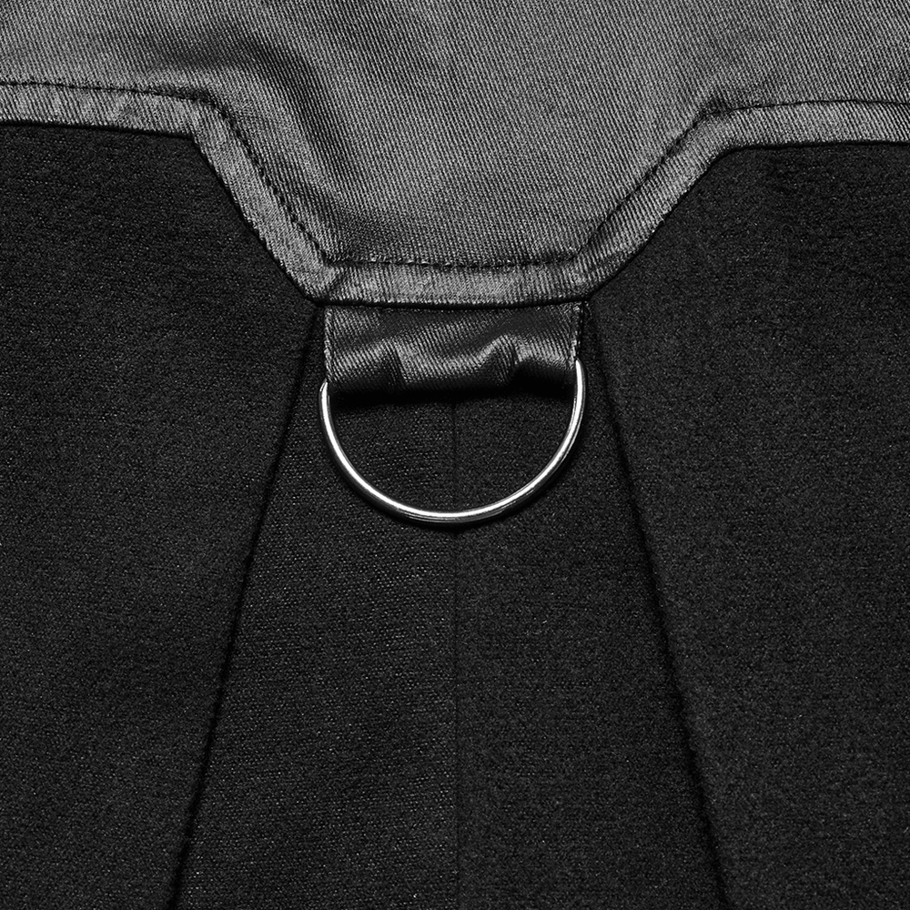 Close-up of a black woolen cape showcasing the D-shaped buckle and sleek fabric details for a gothic punk style.