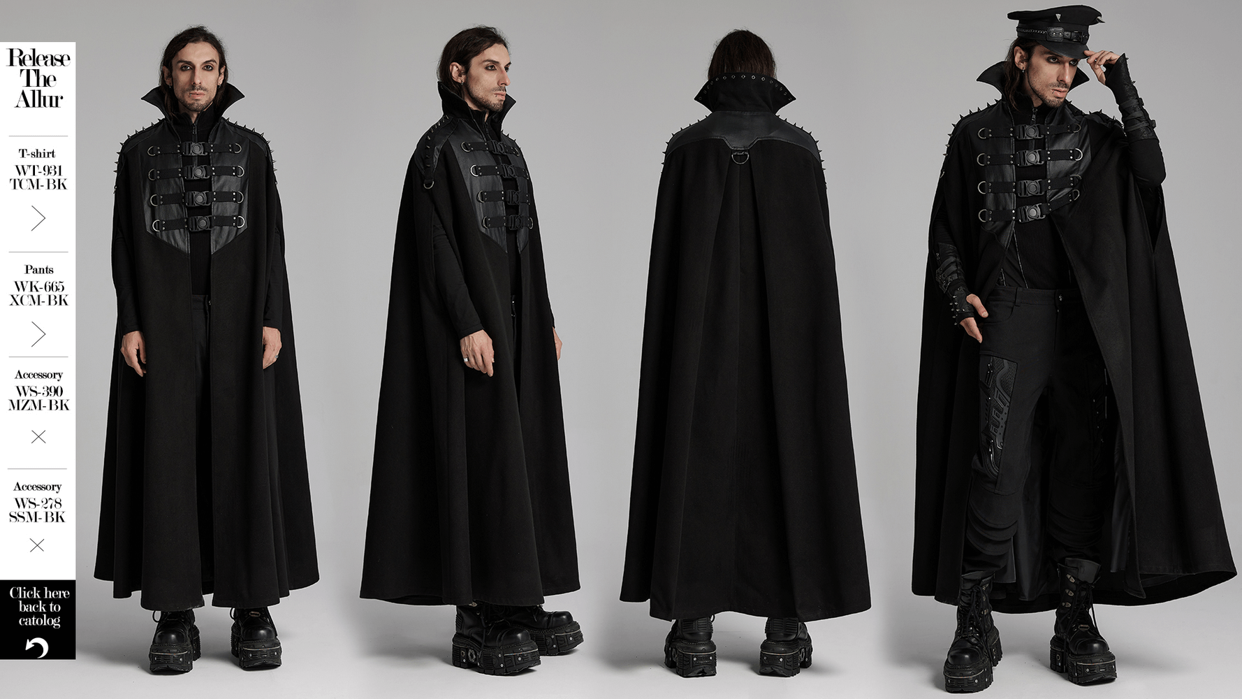 Gothic black woolen cape for men with bold buckles and high-stand collar, showcasing a dramatic silhouette.
