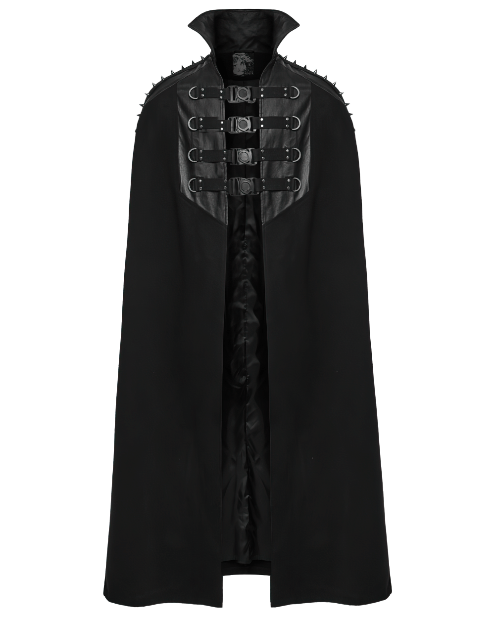 Gothic black woolen cape for men with bold buckles and punk collar, perfect for themed events and stylish statements.