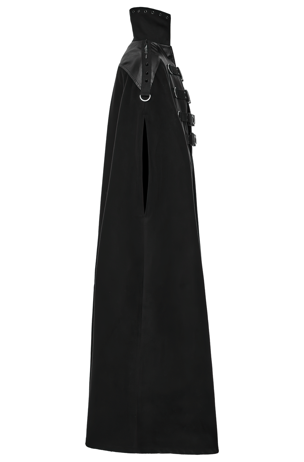 Gothic black woolen cape for men with stand collar and bold buckle accents, perfect for a dramatic look.