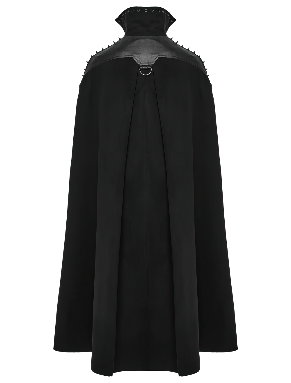 Gothic black woolen cape with spiked collar and D-shaped buckle accents, perfect for a bold punk look.