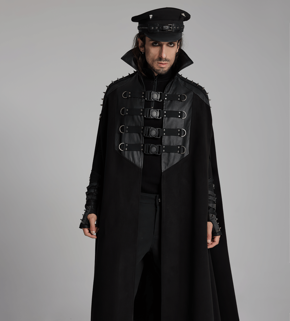 Gothic black woolen cape with bold buckles and spikes, exuding punk style and sophistication. Perfect for themed events.