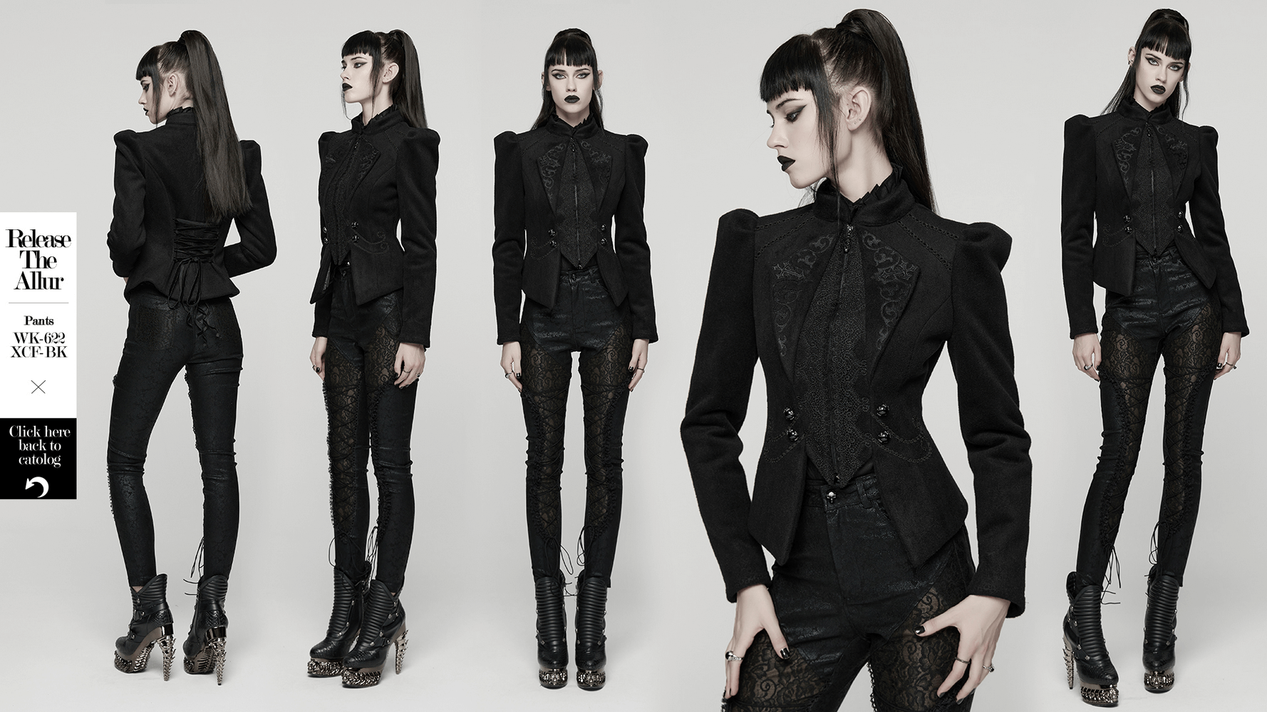 Gothic Black Woolen Jacket with Embroidery and Lace-Up worn by model showcasing vintage elegance and modern tailoring.