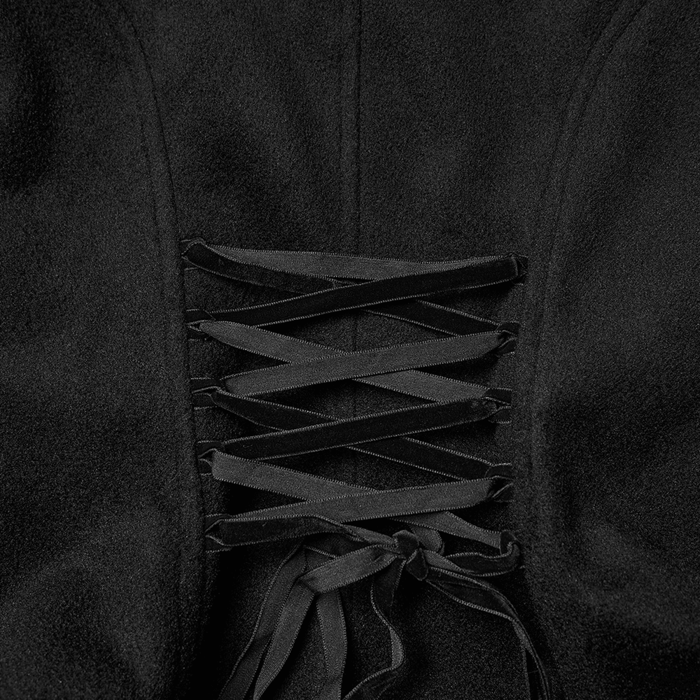 Gothic Black Woolen Jacket with Embroidery and Lace-Up showing intricate lace-up detail.