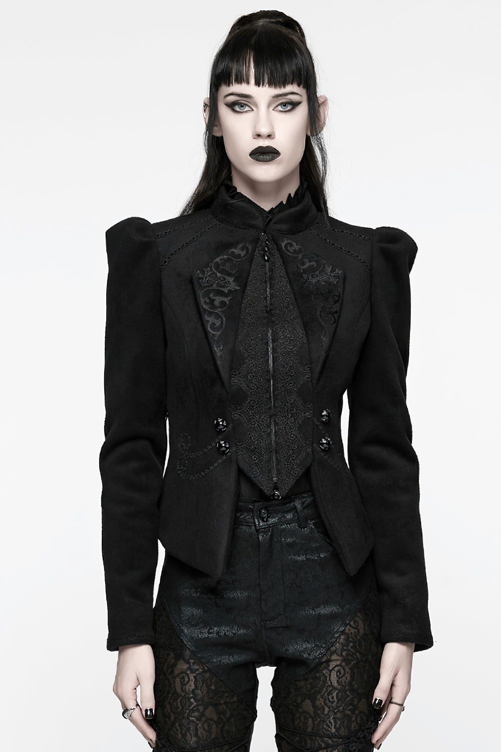 Gothic Black Woolen Jacket with Embroidery and Lace-Up worn by model, showcasing intricate design and dark elegance.