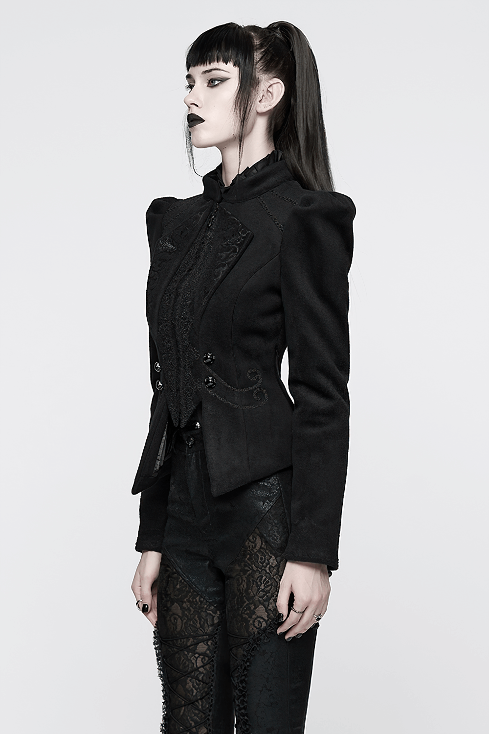 Gothic Black Woolen Jacket with Embroidery and Lace-Up showcased on a model, featuring intricate details and a sharp silhouette.