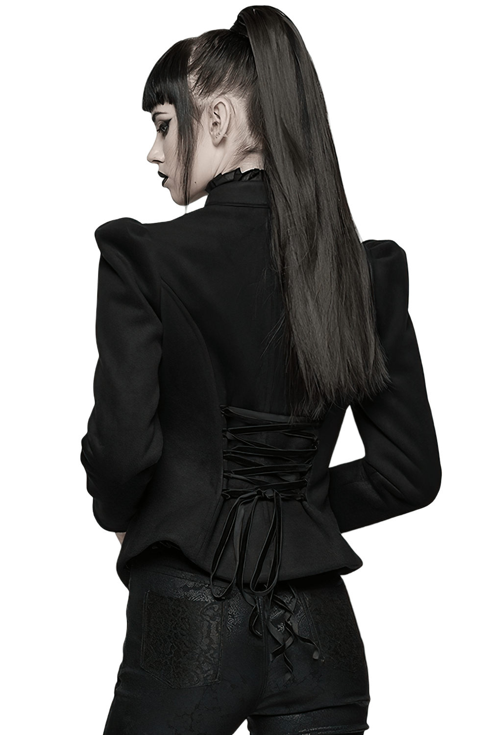 Gothic Black Woolen Jacket with Embroidery and Lace-Up, showcasing intricate lace-up back design.