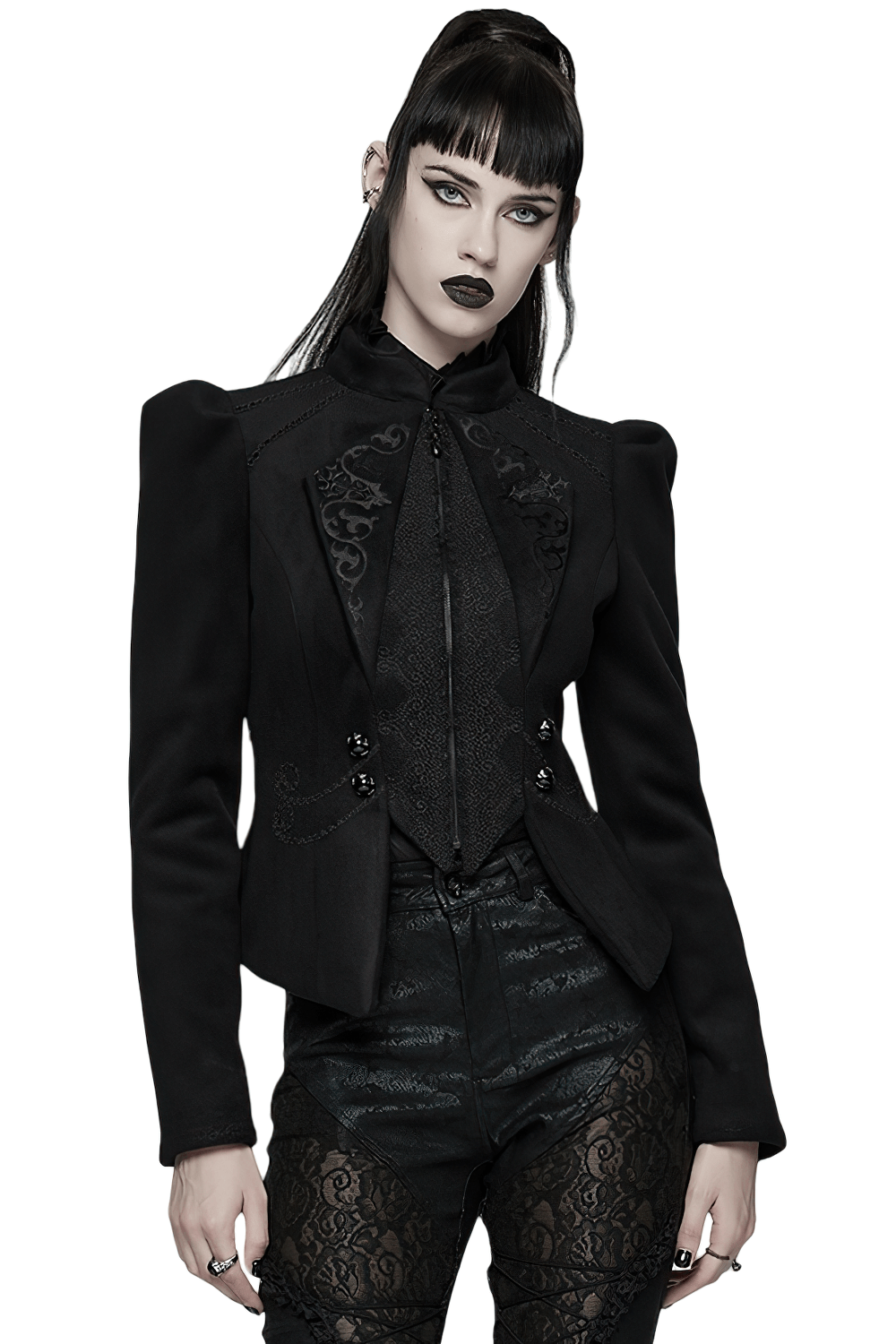 Gothic Black Woolen Jacket with Embroidery and Lace-Up, showcasing intricate design and dark elegance.