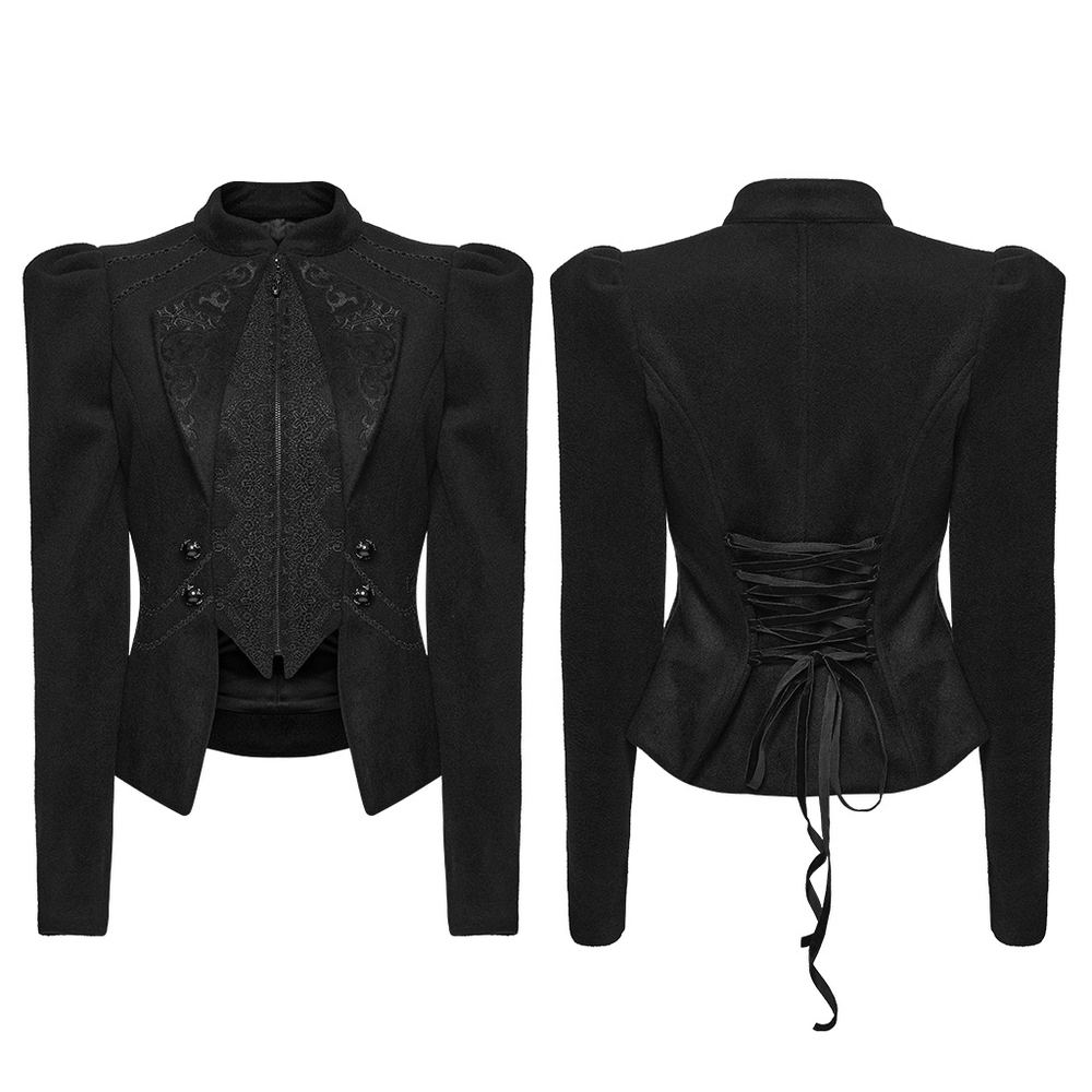 Gothic Black Woolen Jacket with Embroidery and Lace-Up featuring elegant design and adjustable back.