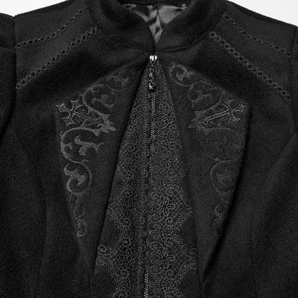 Gothic Black Woolen Jacket with Embroidery and Lace-Up featuring intricate black embroidery and elegant design.