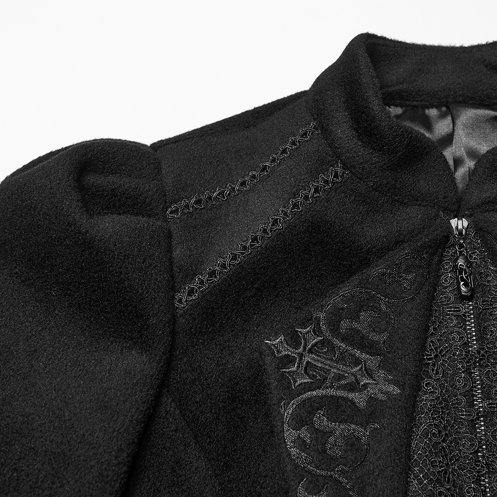 Gothic Black Woolen Jacket with Embroidery and Lace-Up close-up showing detailed embroidery and collar design.