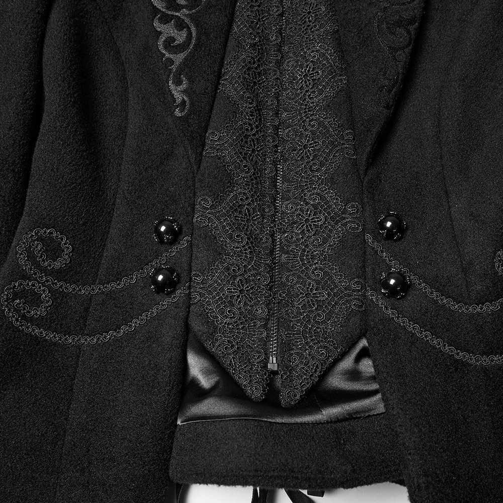 Gothic Black Woolen Jacket with Embroidery and Lace-Up featuring intricate details and elegant buttons.