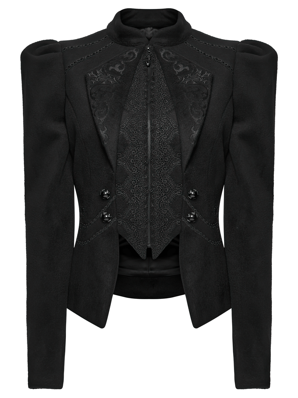 Gothic Black Woolen Jacket with Embroidery and Lace-Up showcasing elegant design and intricate detailing.