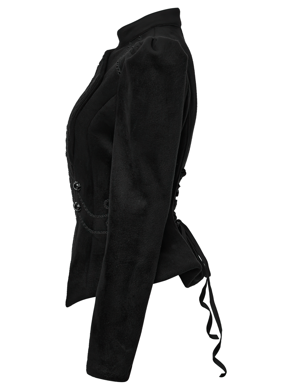 Gothic Black Woolen Jacket with Embroidery and Lace-Up side view showcasing intricate details and adjustable lace-up back.