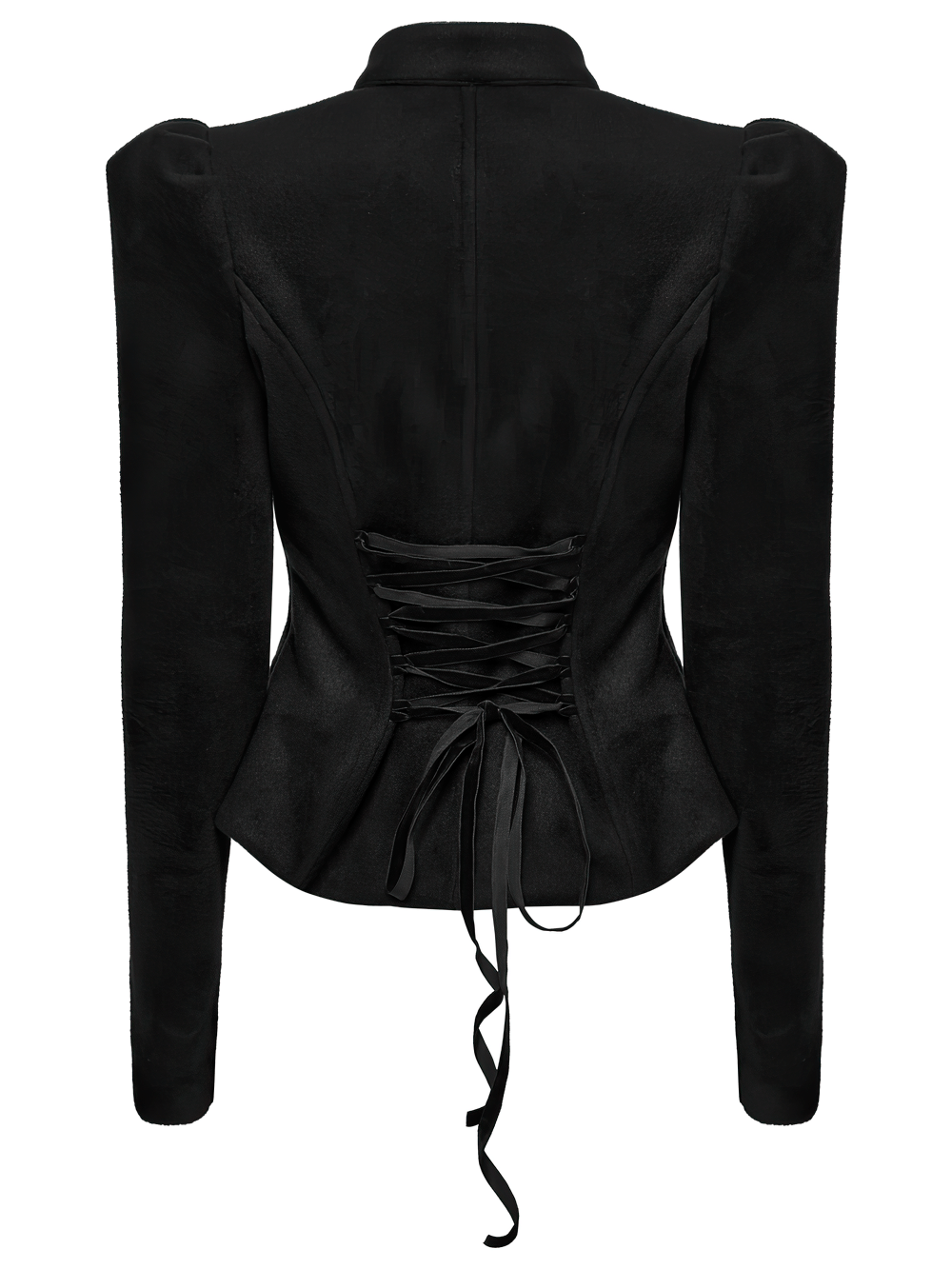 Gothic Black Woolen Jacket with Embroidery and Lace-Up showcasing intricate lace-up back design.