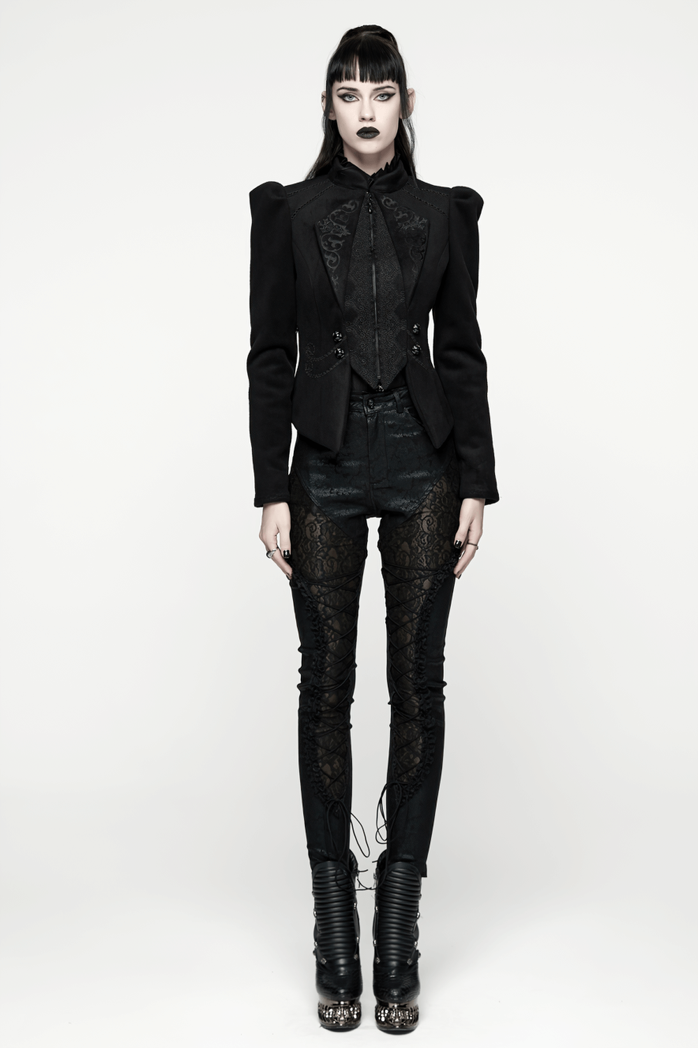 Gothic Black Woolen Jacket with Embroidery and Lace-Up on stylish model, showcasing intricate design and modern elegance.