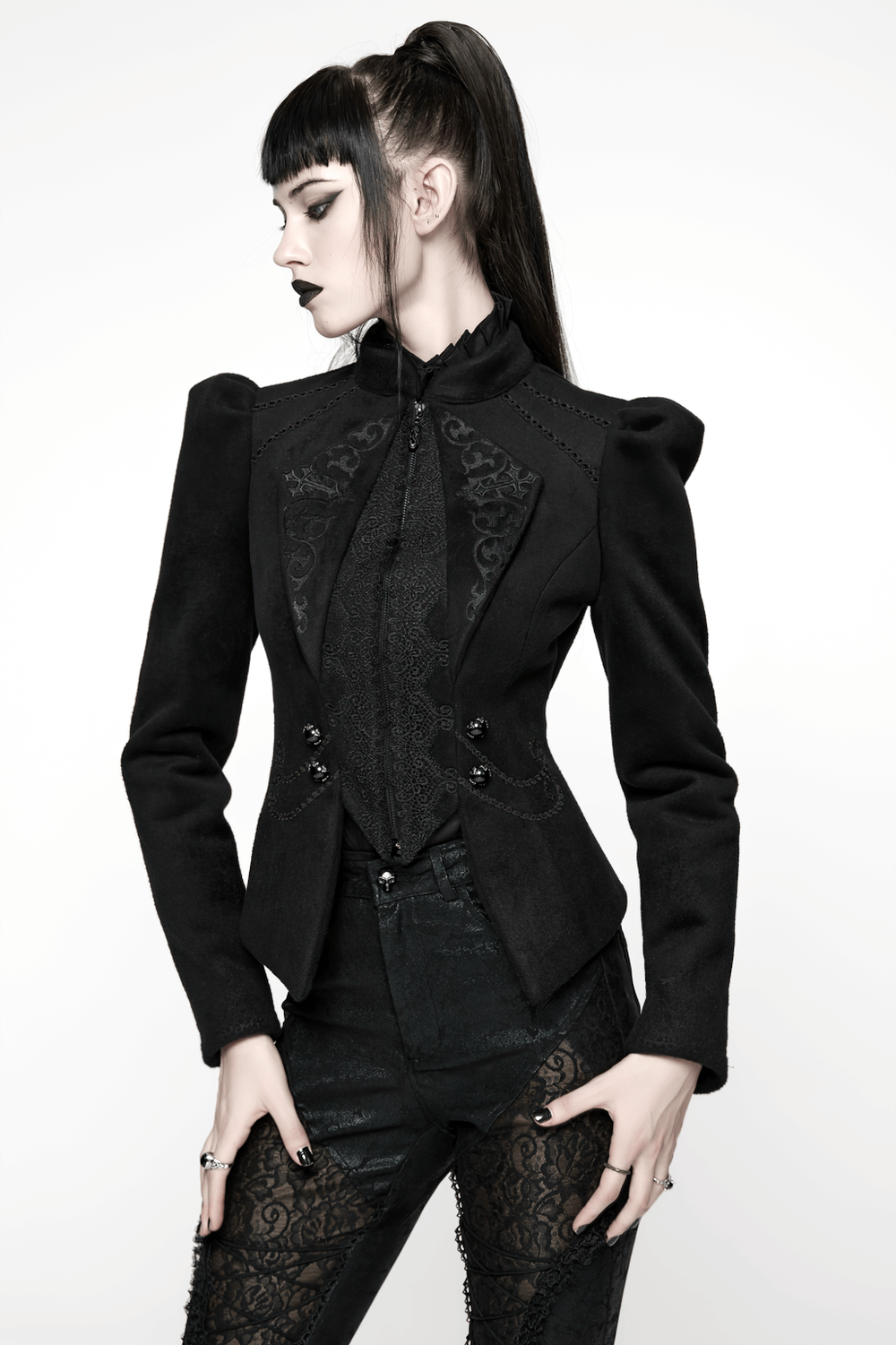 Gothic Black Woolen Jacket with Embroidery and Lace-Up showcasing elegant design and intricate details.