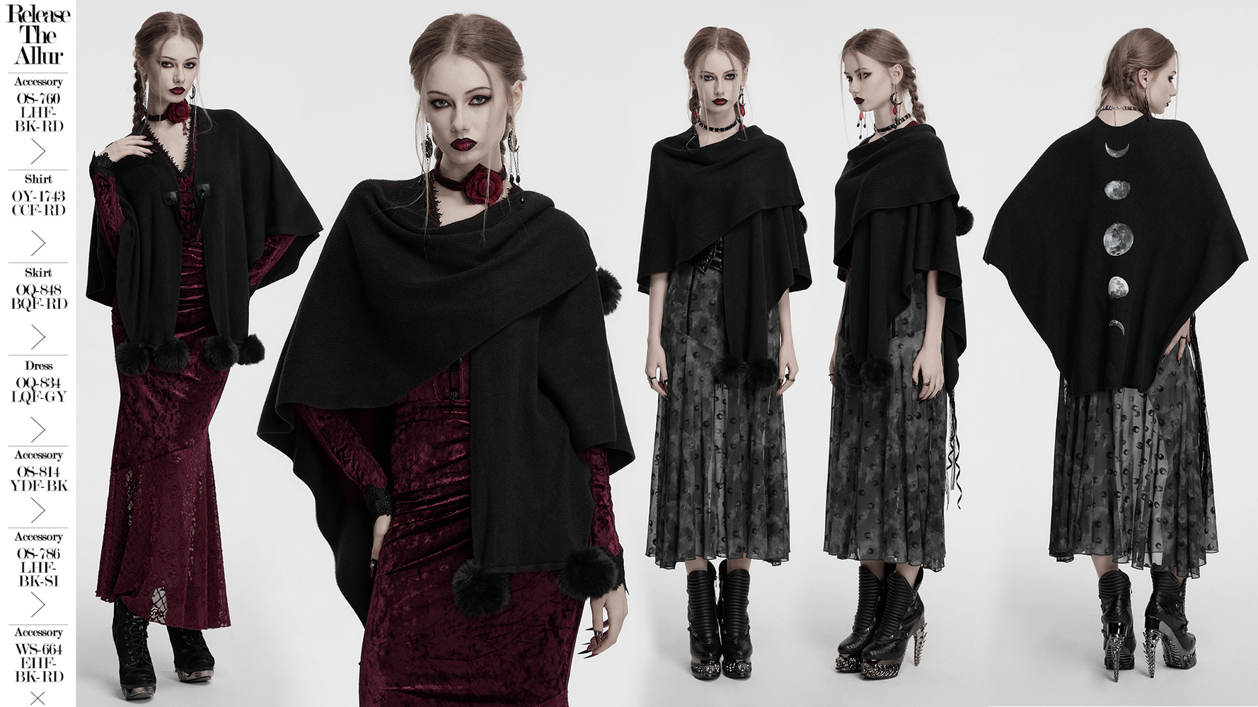 Gothic black woolen shawl with lunar eclipse print, featuring chains and fur ball trim, styled in a witchy aesthetic.