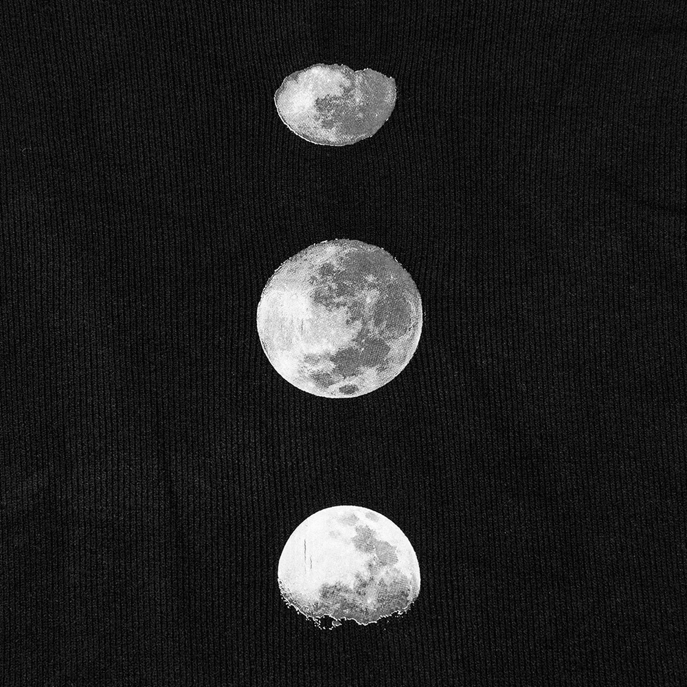Three moon phases printed on a black fabric background, showcasing celestial artwork for a gothic aesthetic.
