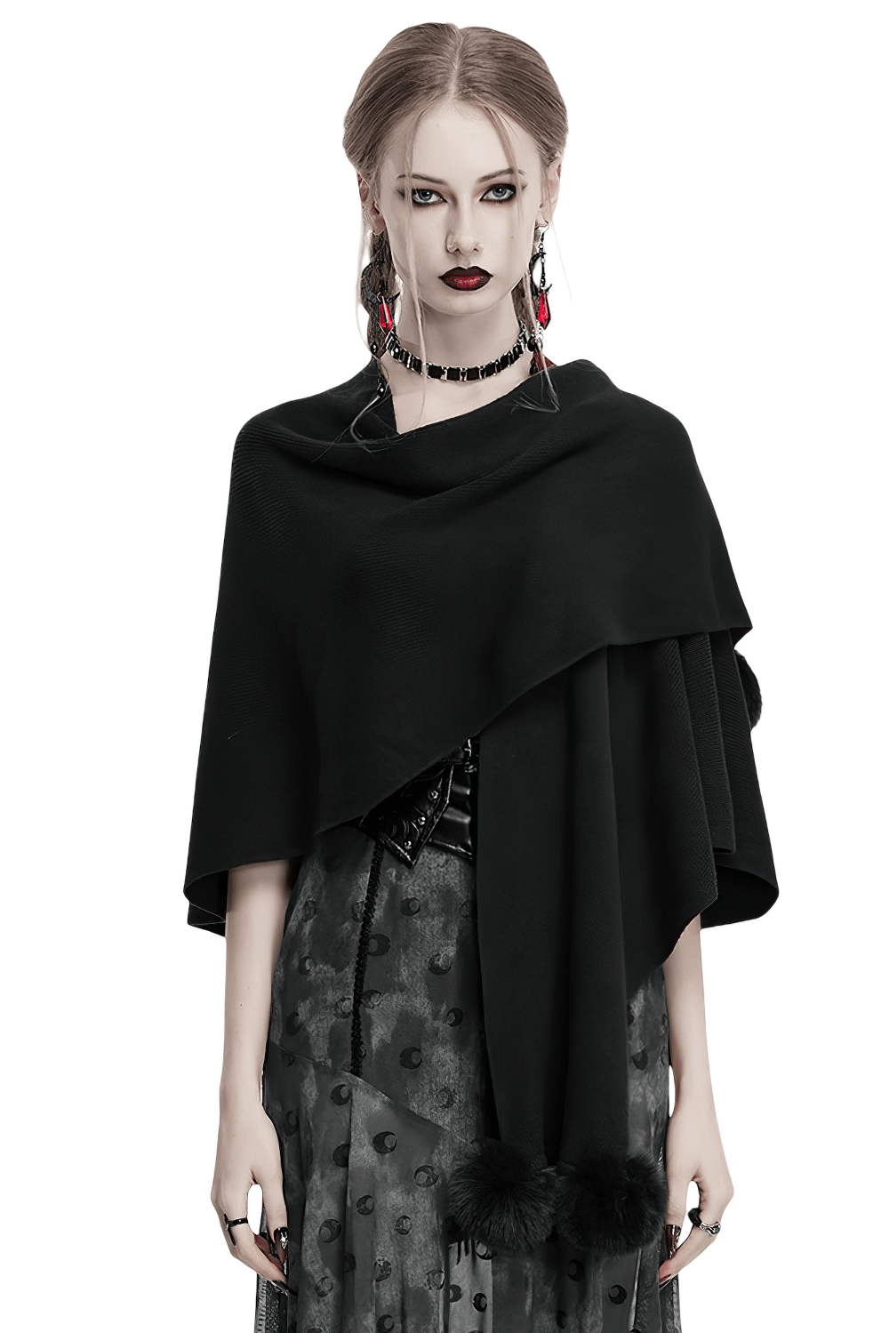Gothic black woolen shawl with lunar eclipse print and fur ball trim, perfect for alternative styles.