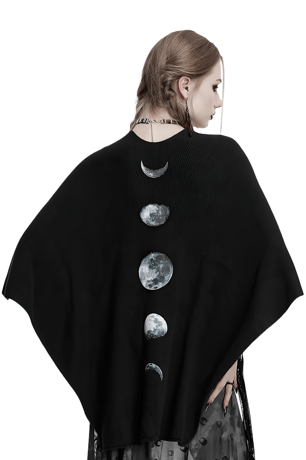 Gothic black woolen shawl featuring lunar eclipse print on back, flowing silhouette for alternative styles.