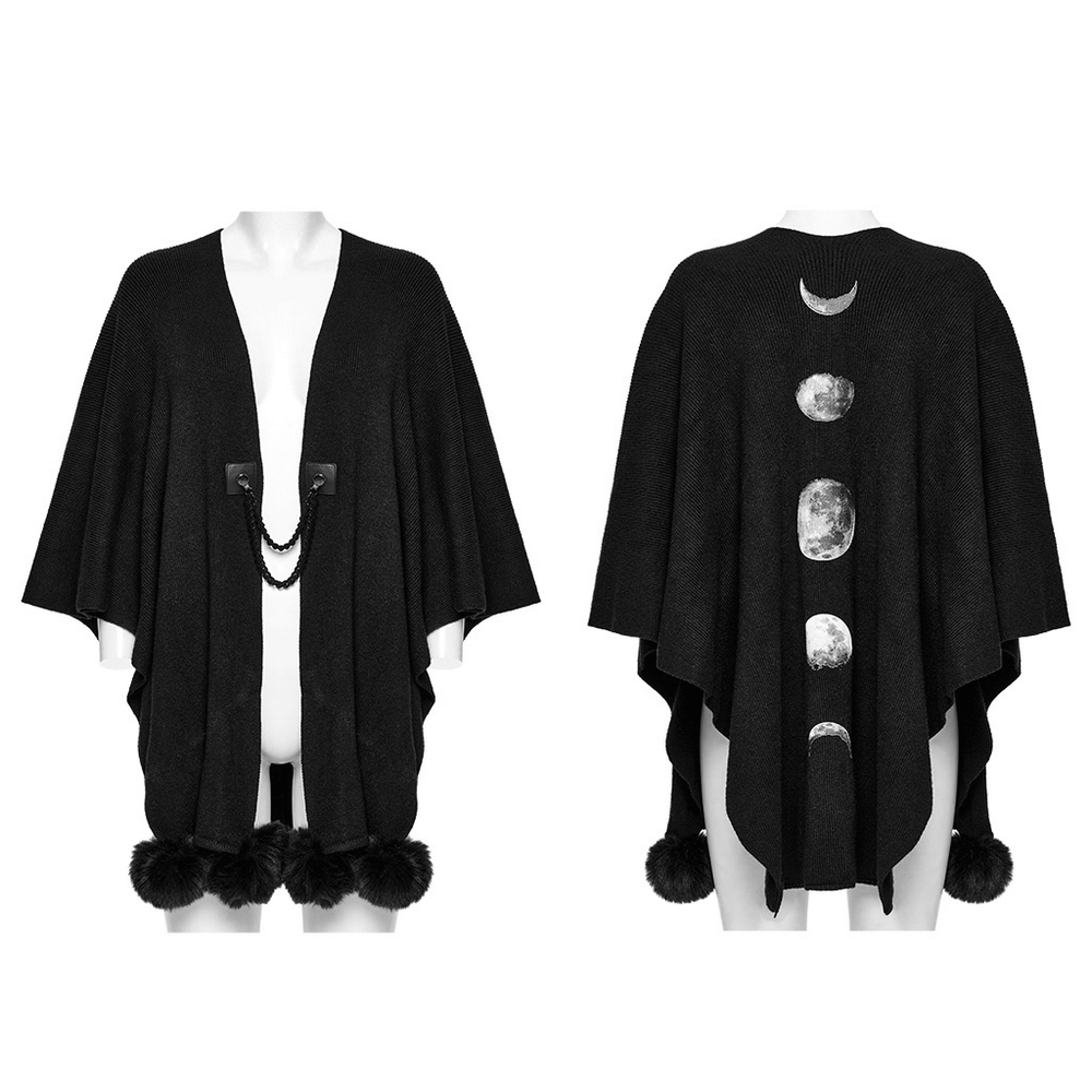 Gothic black woolen shawl with lunar eclipse print and chain accents, featuring fur ball trim.