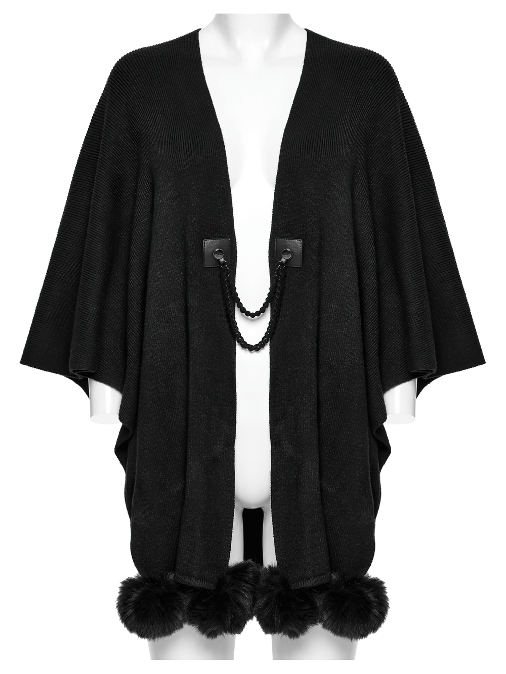 Gothic black woolen shawl with lunar eclipse print, chain accents, and fluffy pom-pom trim.