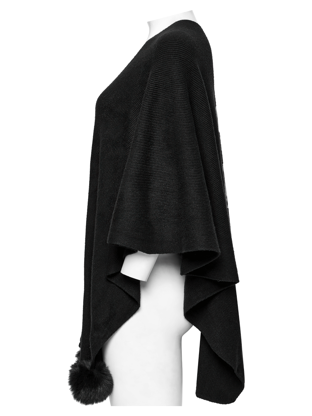 Gothic black woolen shawl with lunar eclipse print and fur ball trim, ideal for layered styles.