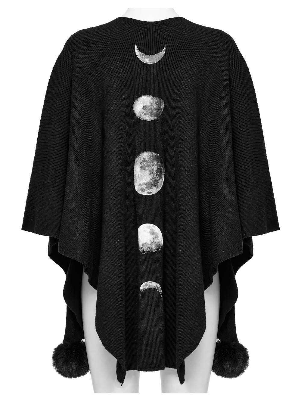 Gothic black woolen shawl with lunar eclipse print and fur ball trim, perfect for alternative fashion.