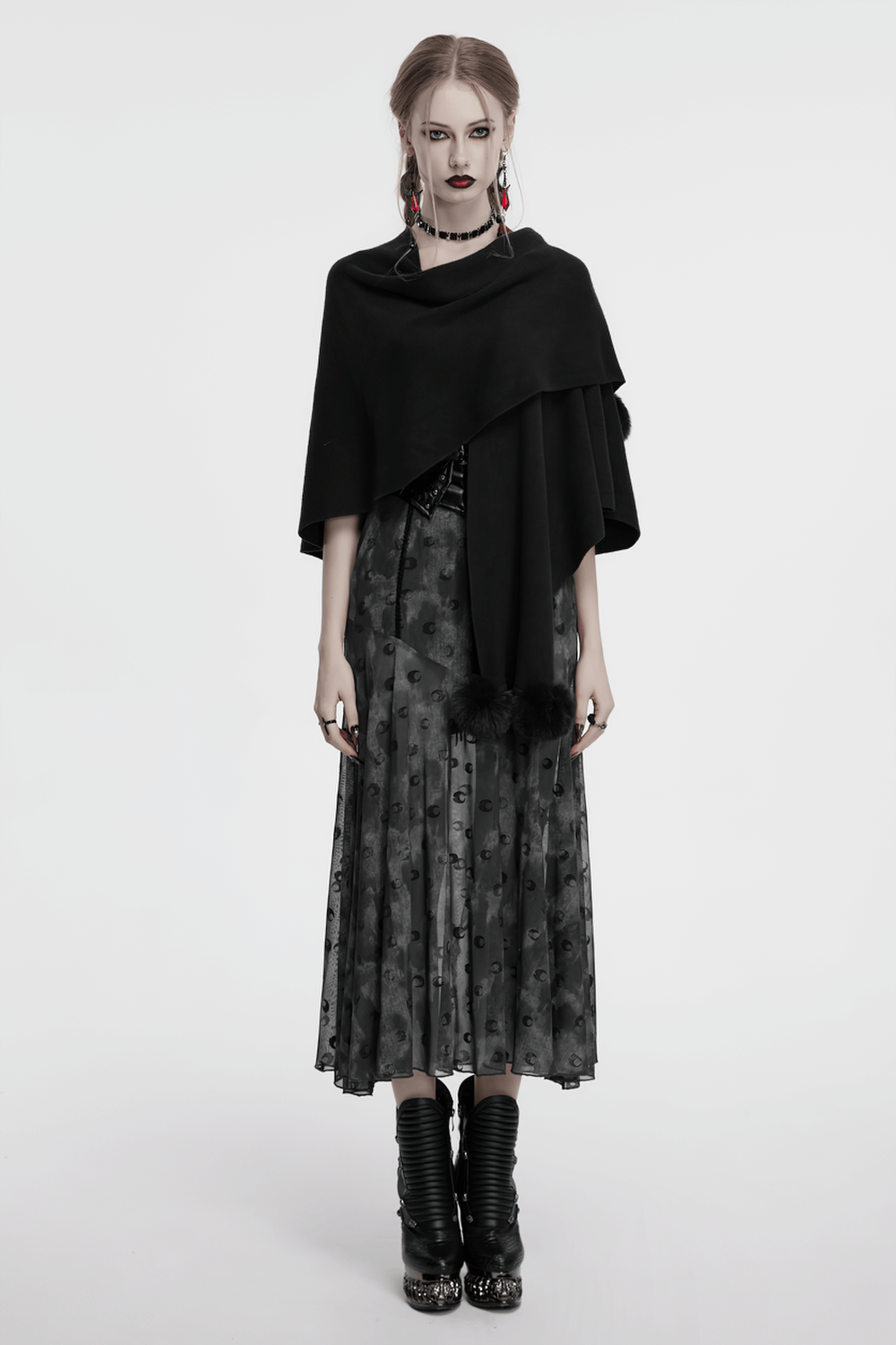 Model wearing Gothic Black Woolen Shawl with lunar eclipse print, showcasing celestial vibes and witchy elegance.