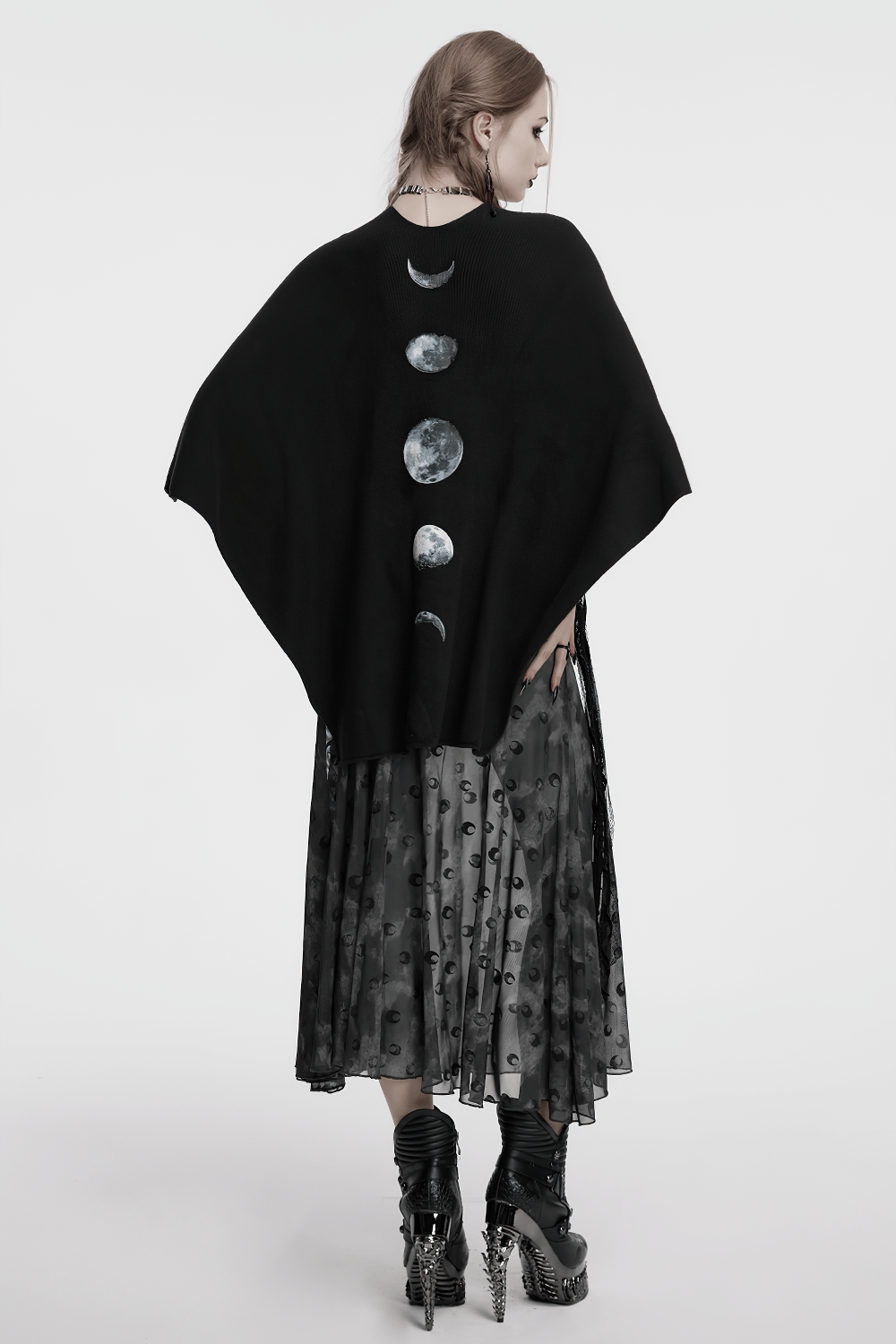 Gothic black woolen shawl with lunar eclipse print, featuring moon phase graphics and chain accents.