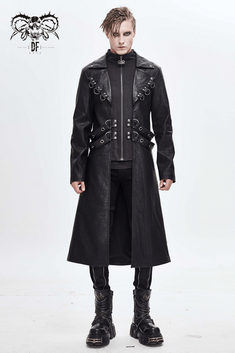 Gothic black zipper leather coat on model, featuring studs and D-rings for a stylish, edgy look.