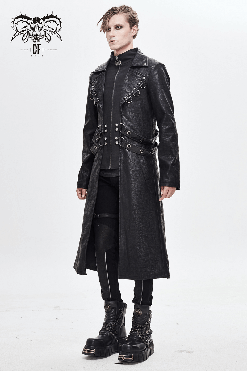 Men's gothic black leather coat with studs and D-rings, perfect for a bold fashion statement.