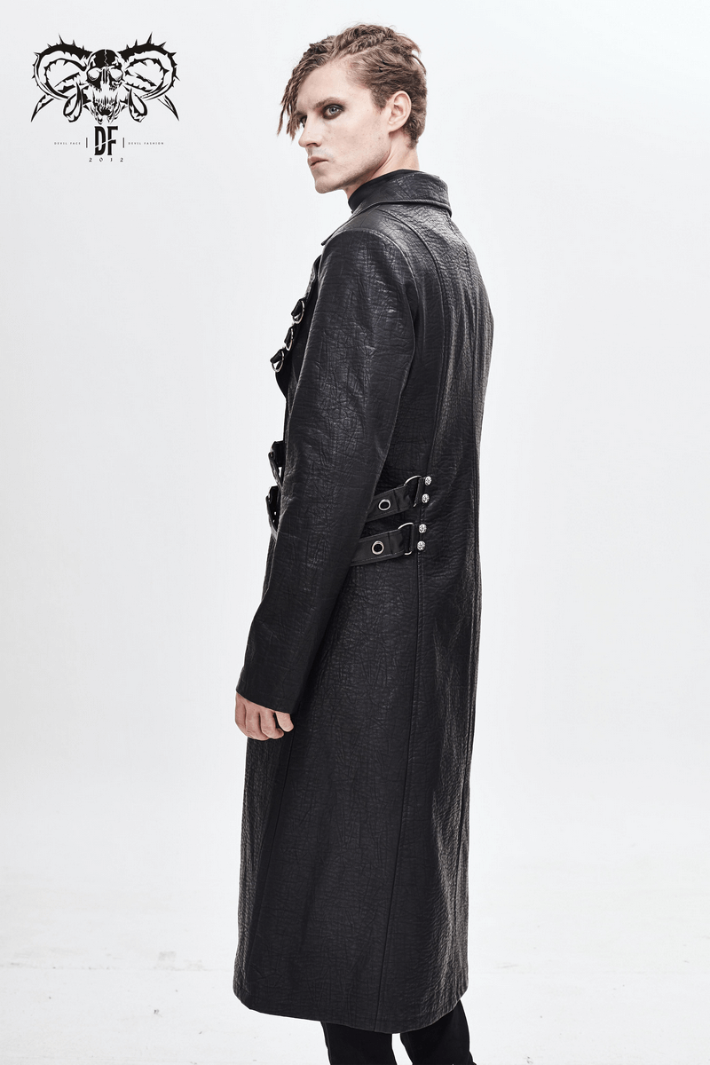 Men's gothic black leather coat with studs and D-rings, showcasing a retro cut and unique design.