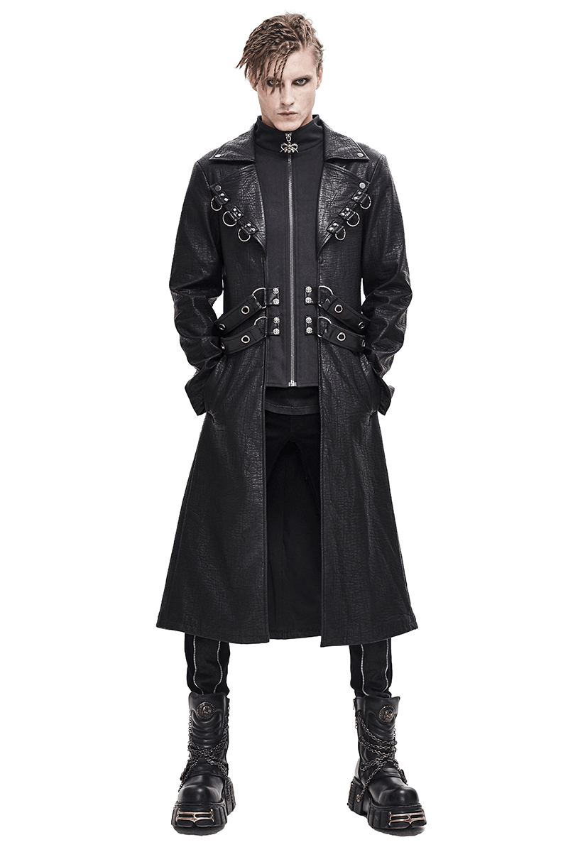 Gothic Black Zipper Leather Coat / Men's Long Coats with Studs and D-rings - HARD'N'HEAVY