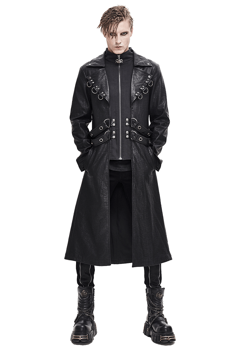 Men's gothic black leather coat with studs and D-rings, showcasing a stylish retro cut.