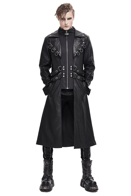 Manteau en cuir noir gothique à glissière / Manteaux longs pour hommes avec clous et anneaux en D