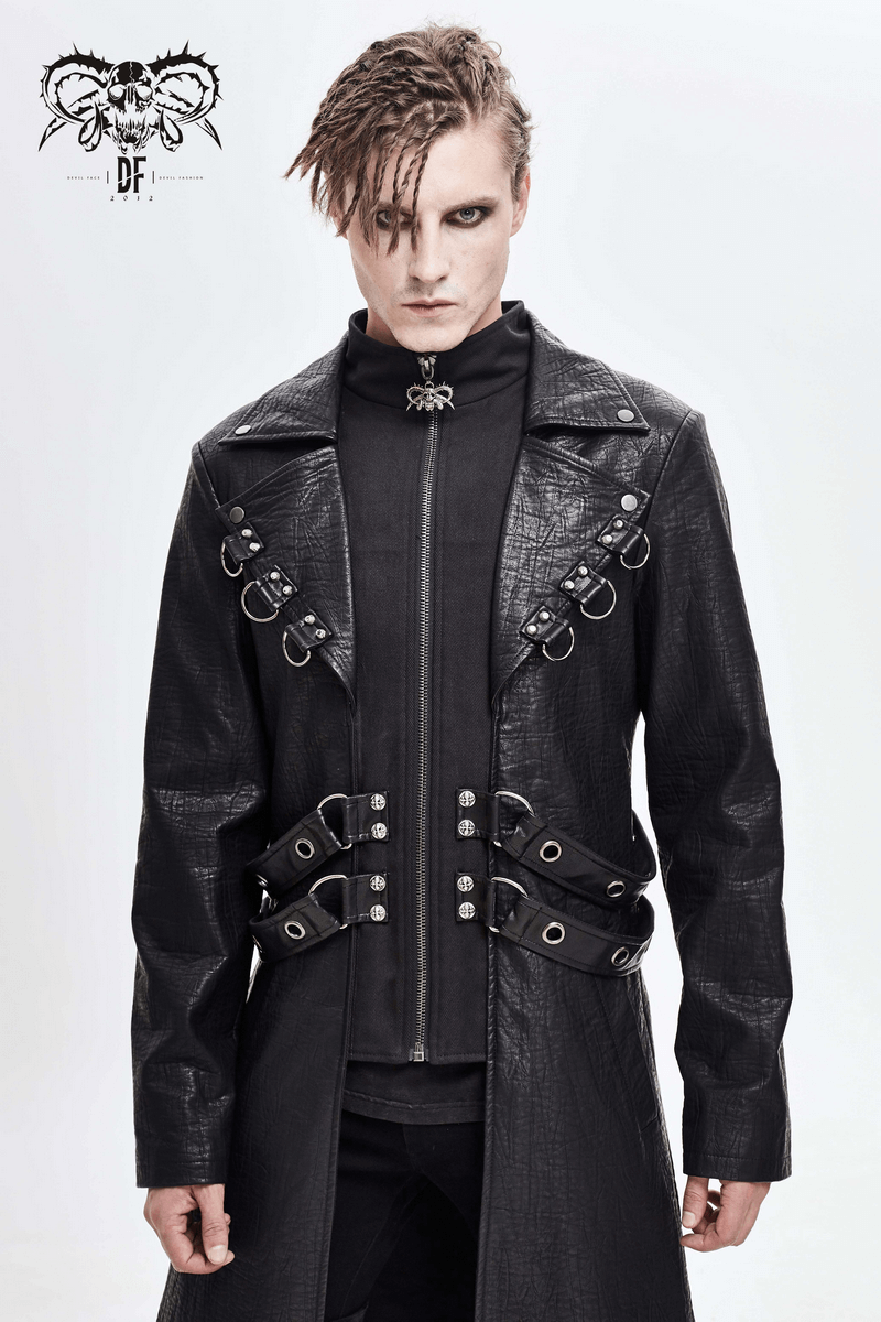Men's gothic black leather coat with studs and D-rings, featuring a stylish retro cut for a bold look.