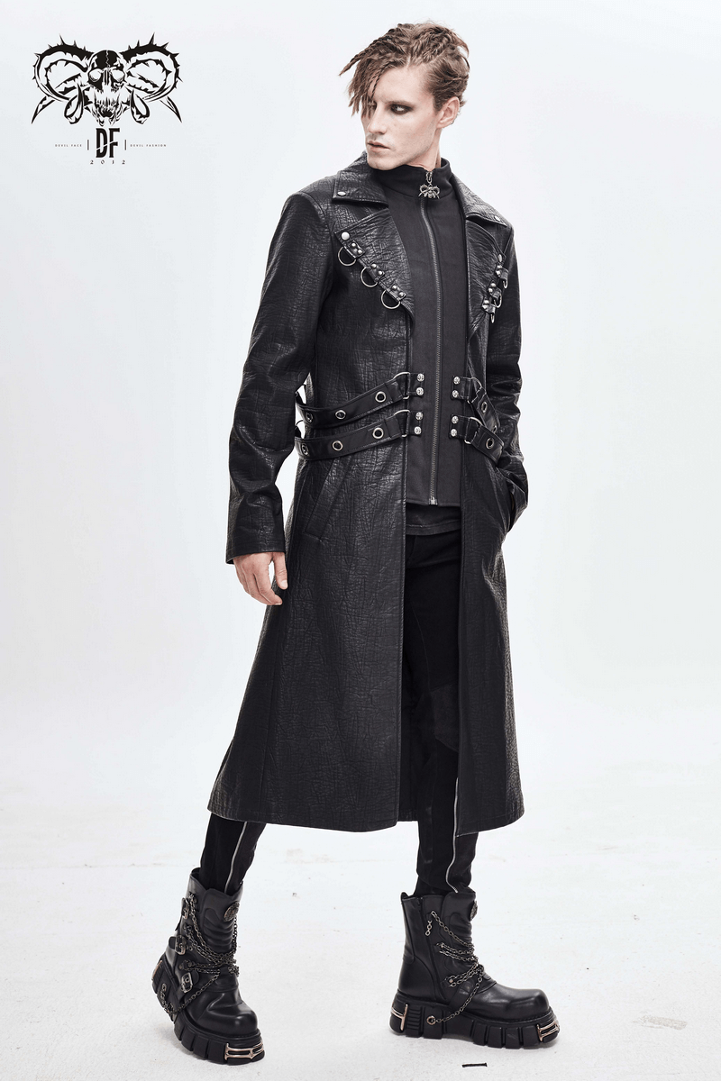 Gothic black zipper leather coat on model, featuring studs and D-rings, perfect for stylish gothic fashion.