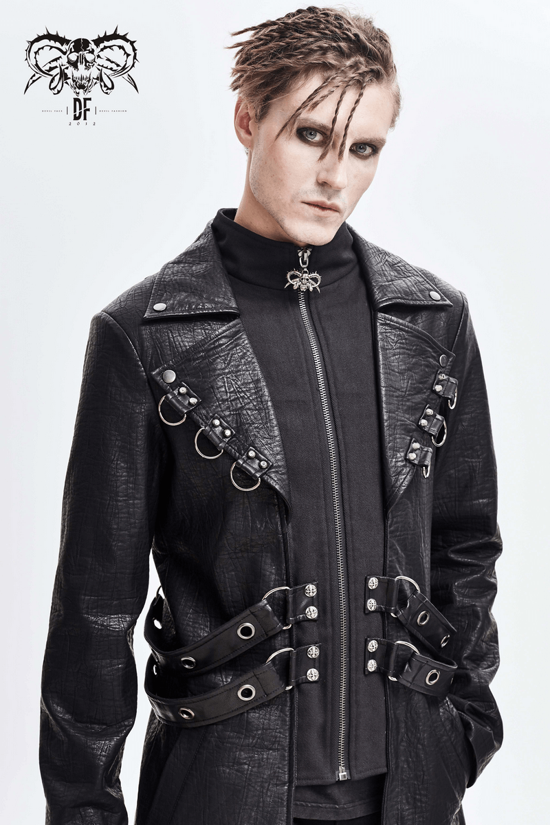 Men's gothic black leather coat with studs and D-rings, perfect for a striking and edgy look.