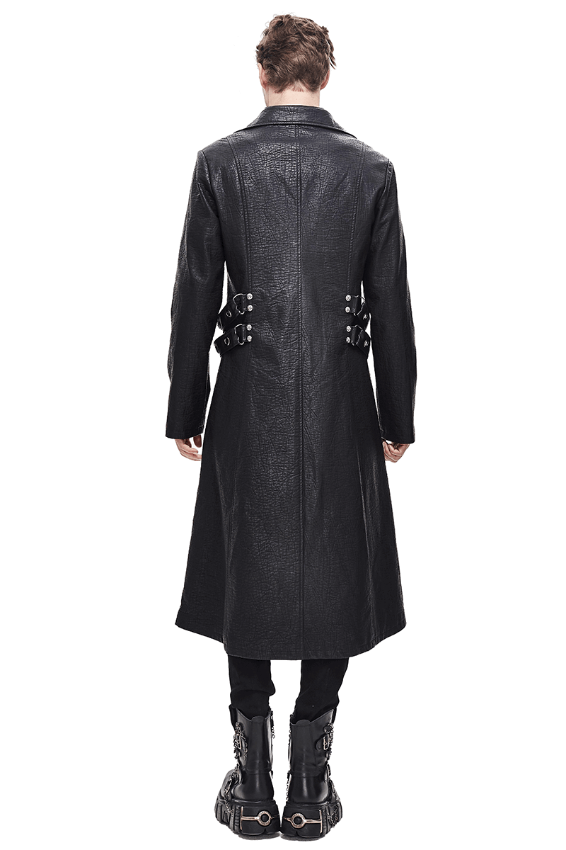 Gothic Black Zipper Leather Coat / Men's Long Coats with Studs and D-rings - HARD'N'HEAVY