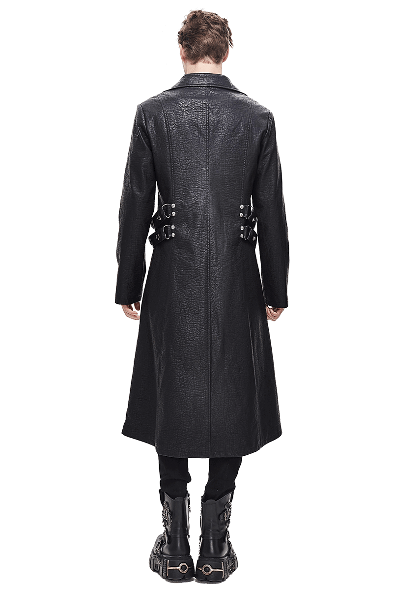 Back view of a men's gothic black zipper leather coat with studs and D-rings, perfect for edgy fashion.