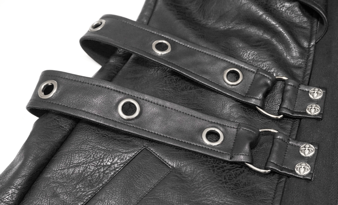 Close-up of black leather coat details featuring studs and D-rings for a gothic style.