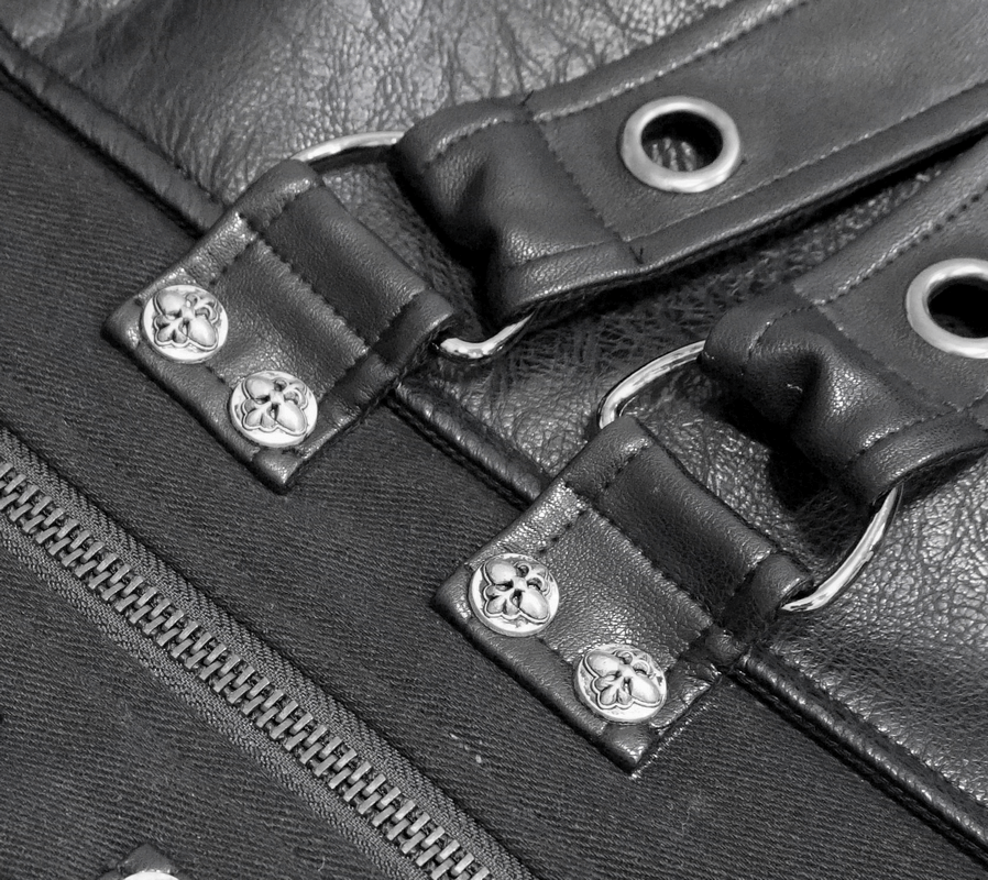 Close-up of gothic black zipper leather coat showing studs and D-rings for a stylish detail.