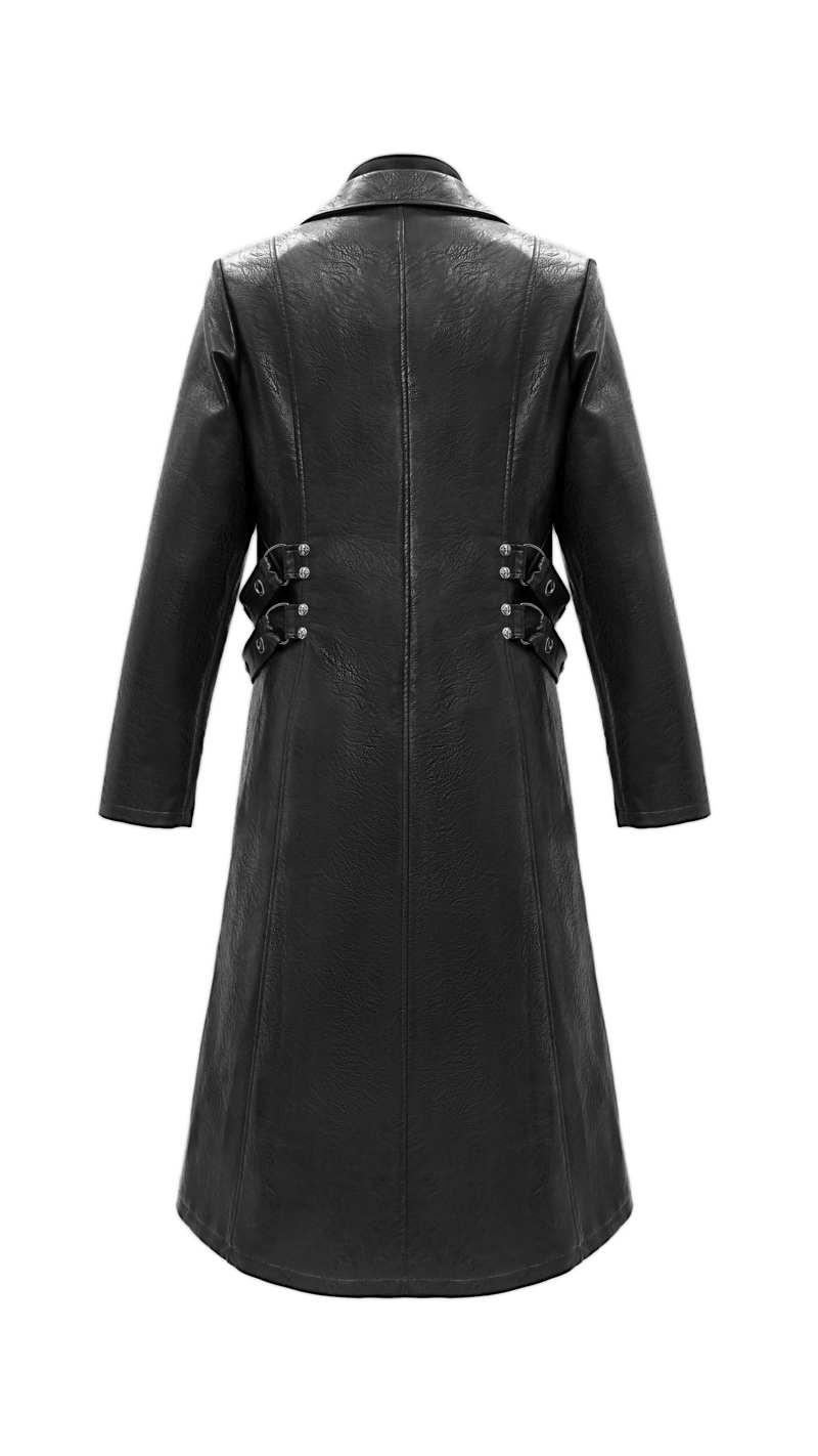 Back view of a gothic black leather coat featuring studs and D-rings, perfect for a stylish men's wardrobe.