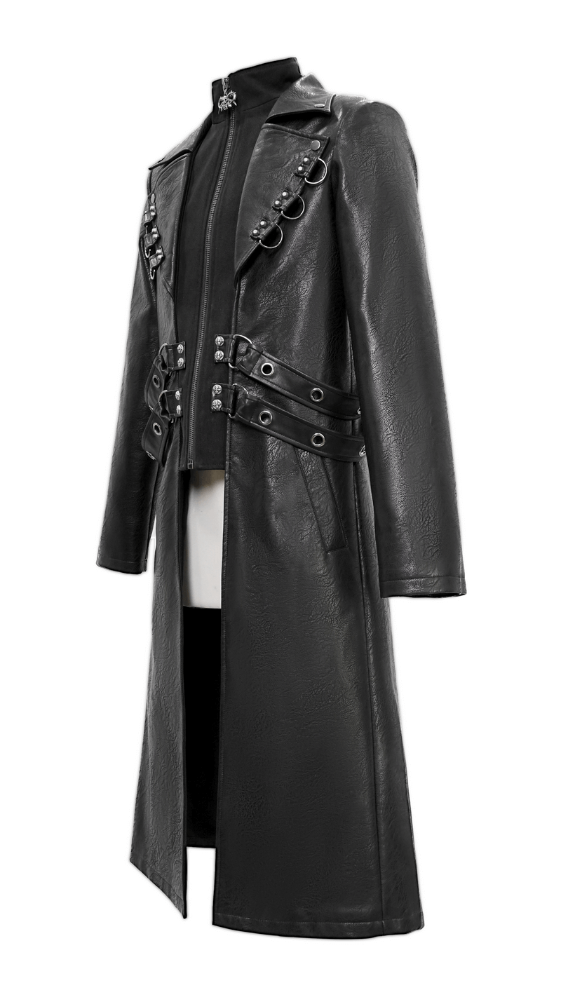 Gothic Black Zipper Leather Coat / Men's Long Coats with Studs and D-rings - HARD'N'HEAVY