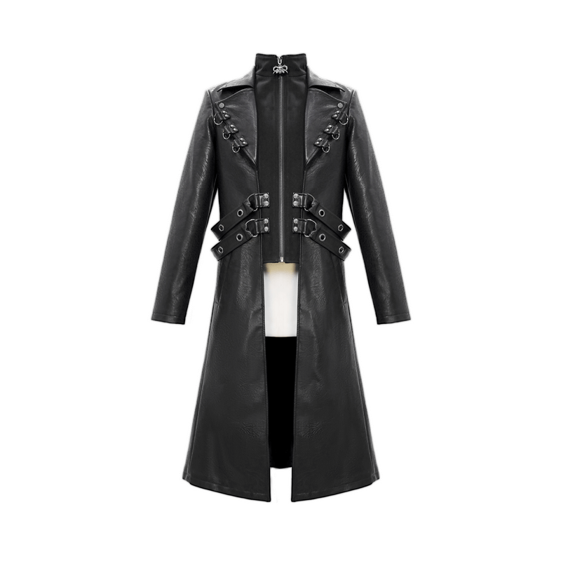 Gothic black zipper leather coat for men with studs and D-rings, perfect for edgy fashion lovers.